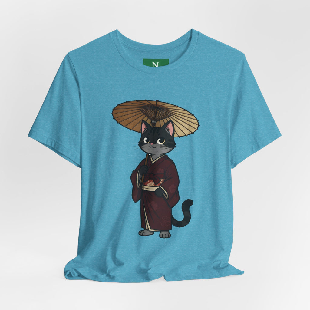 Geisha Cat Tee — Japanese Umbrella Cat Graphic T-Shirt