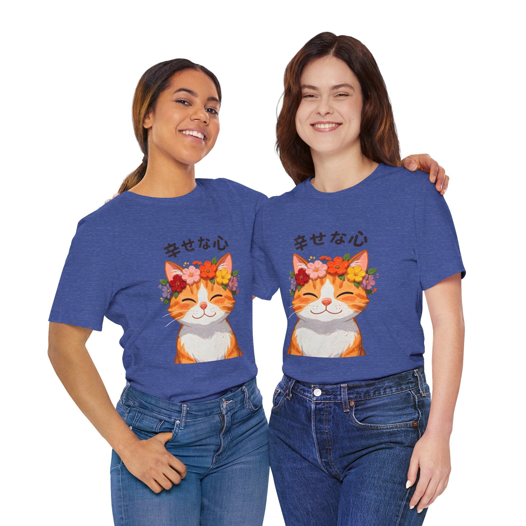 Happy Cat T-Shirt — Smiling Ginger Cat with Flower Crown (Japanese “幸せな心”)