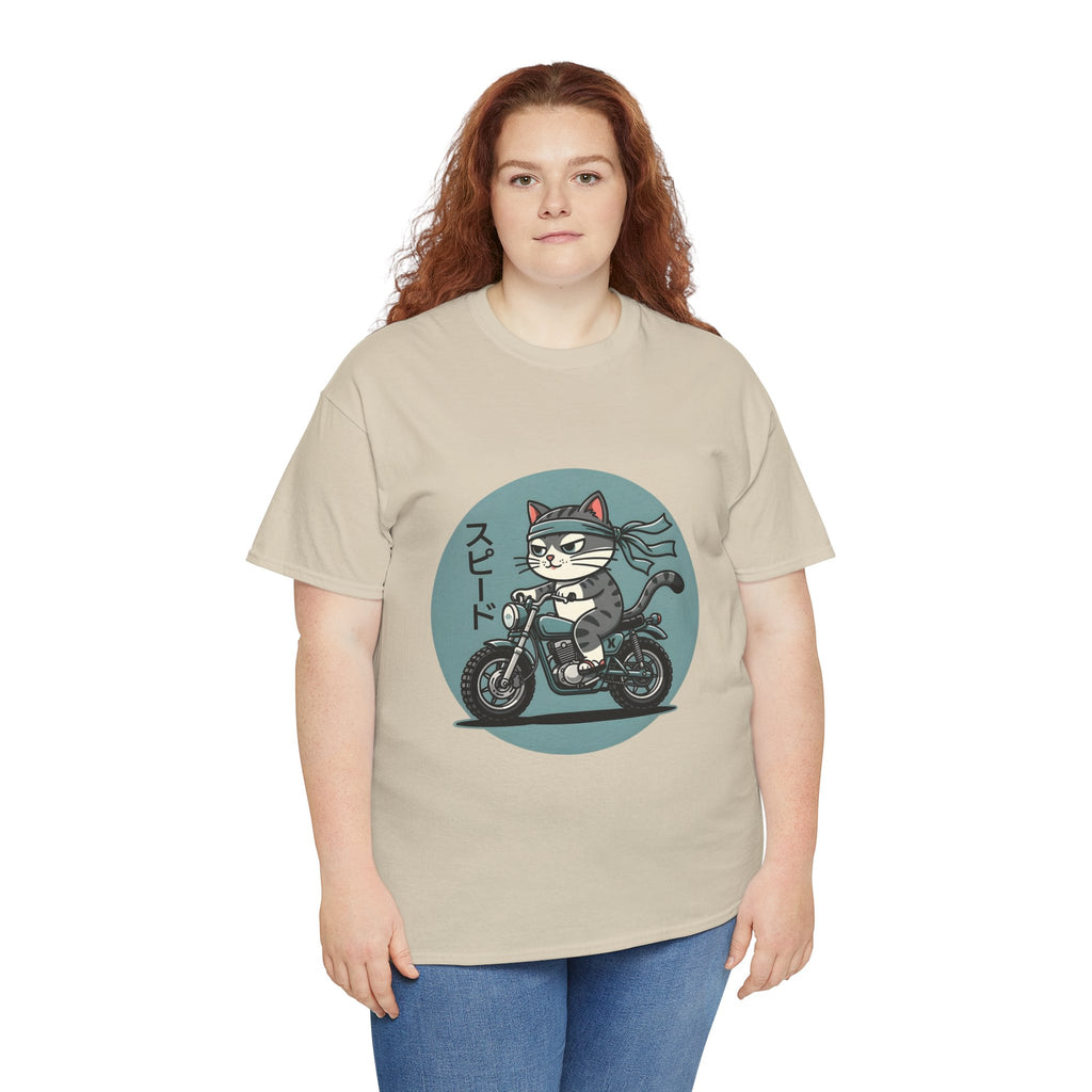 Cat Biker T‑Shirt — Retro Motorcycle Cat with Japanese “Speed” Text