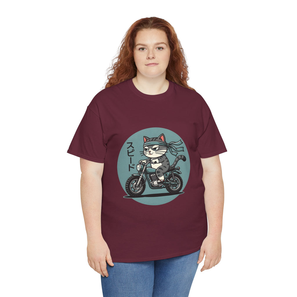 Cat Biker T‑Shirt — Retro Motorcycle Cat with Japanese “Speed” Text