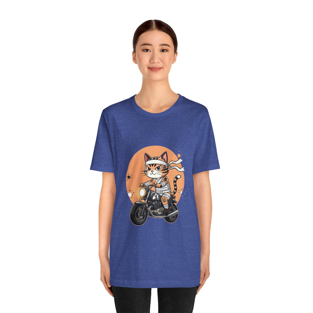 Retro Biker Cat T‑Shirt — Cute Motorcycle Cat Graphic Tee