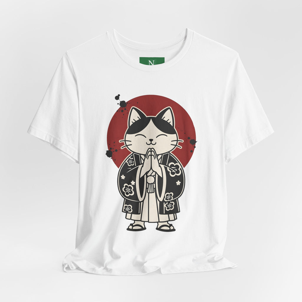 Samurai Cat T‑Shirt — Cute Praying Cat with Red Sun Graphic