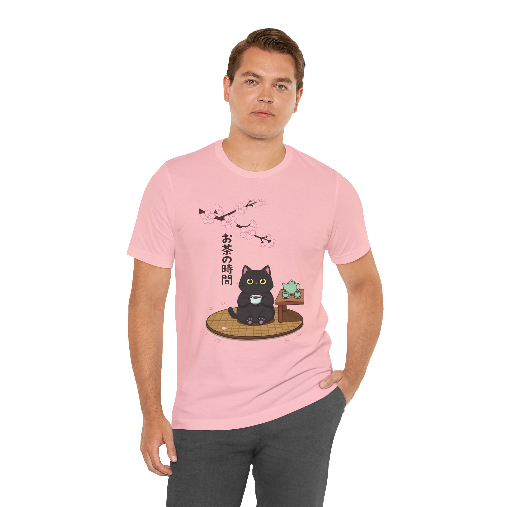 Cat Tea Time T-Shirt — Kawaii Black Cat with Sakura and Teapot