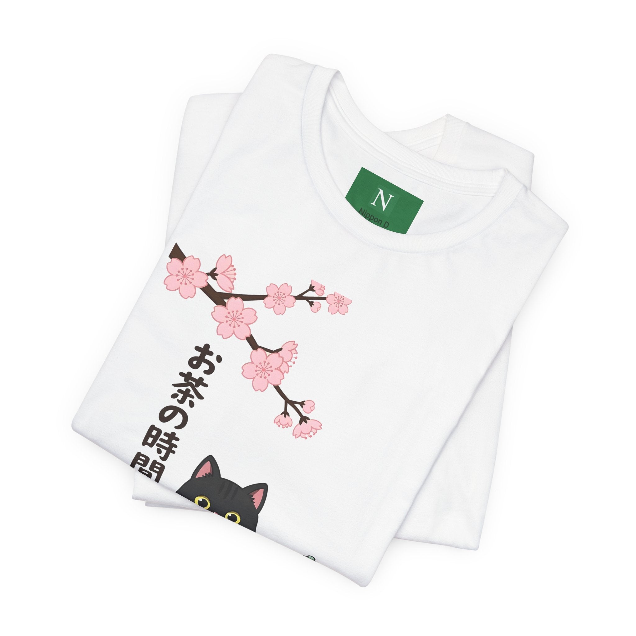 Cat Tea Time T-Shirt — Kawaii Black Cat with Sakura and Teapot