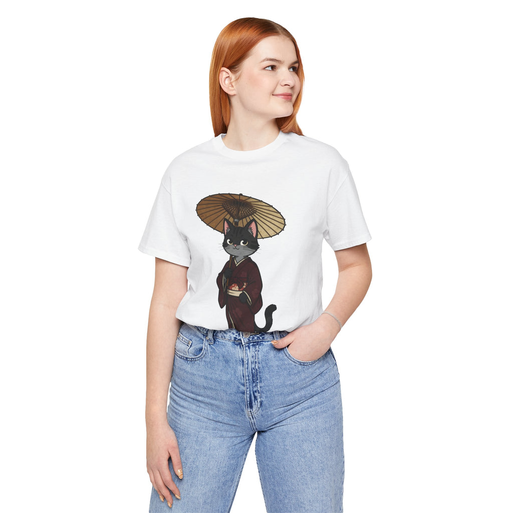 Geisha Cat Tee — Japanese Umbrella Cat Graphic T-Shirt