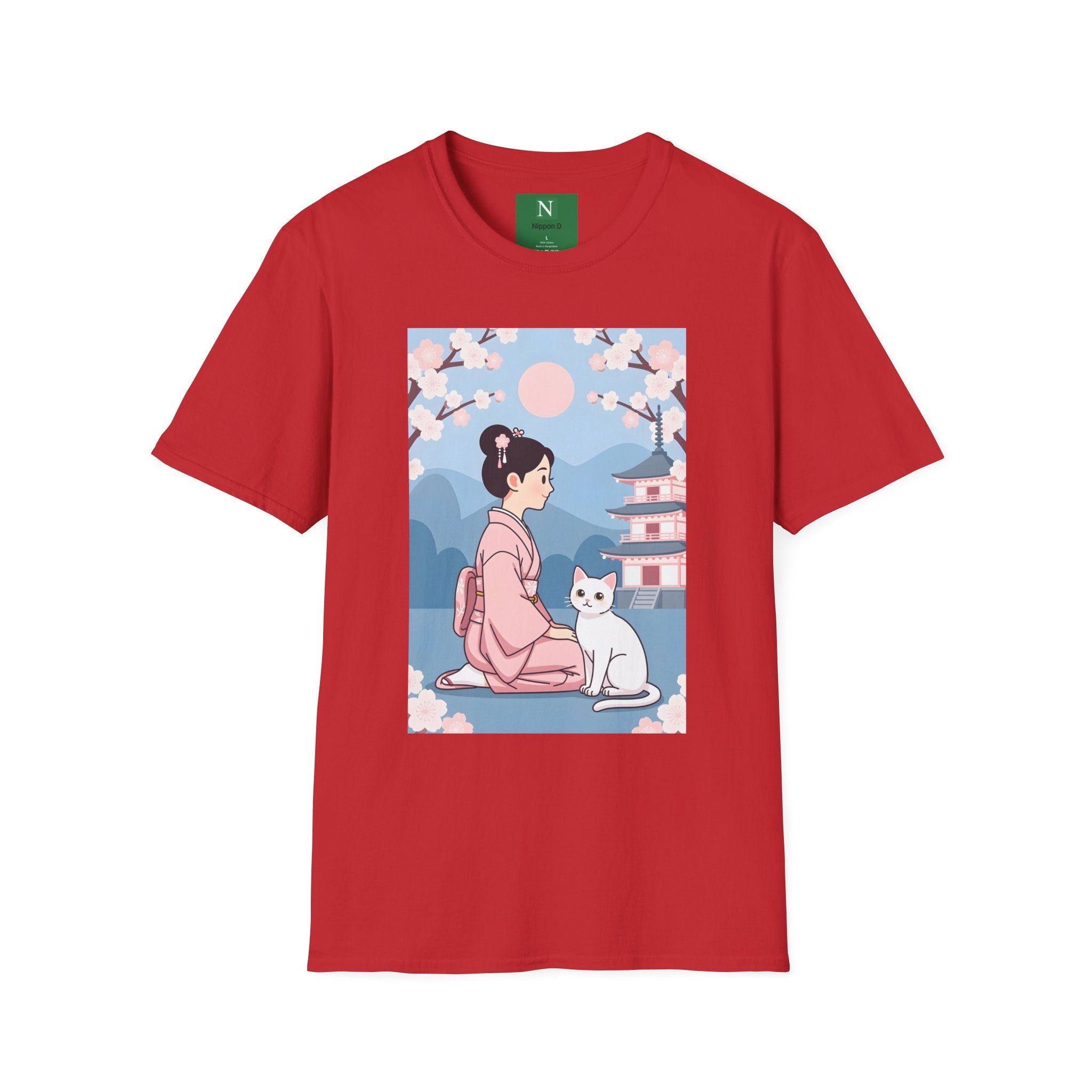 Cherry Blossom Geisha Tee — Japanese Girl & Cat Graphic T-Shirt