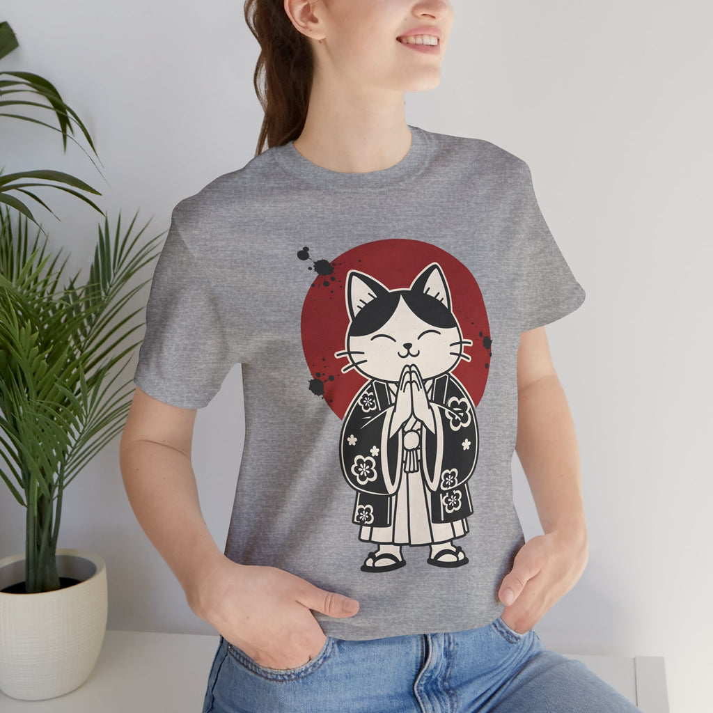 Samurai Cat T‑Shirt — Cute Praying Cat with Red Sun Graphic