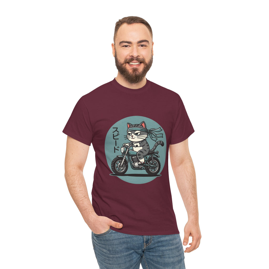 Cat Biker T‑Shirt — Retro Motorcycle Cat with Japanese “Speed” Text