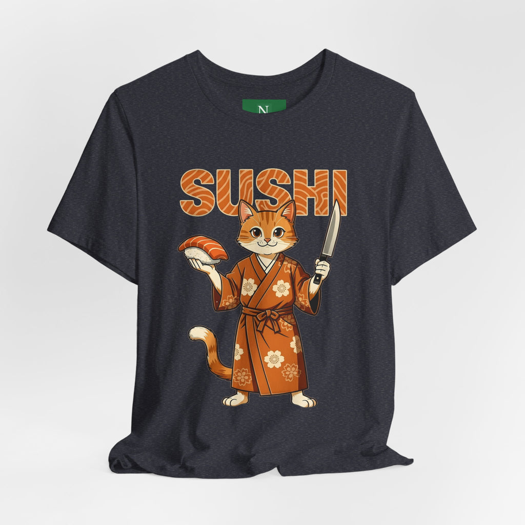 Sushi Cat Graphic Tee — Cute Samurai Cat Holding Sushi & Knife