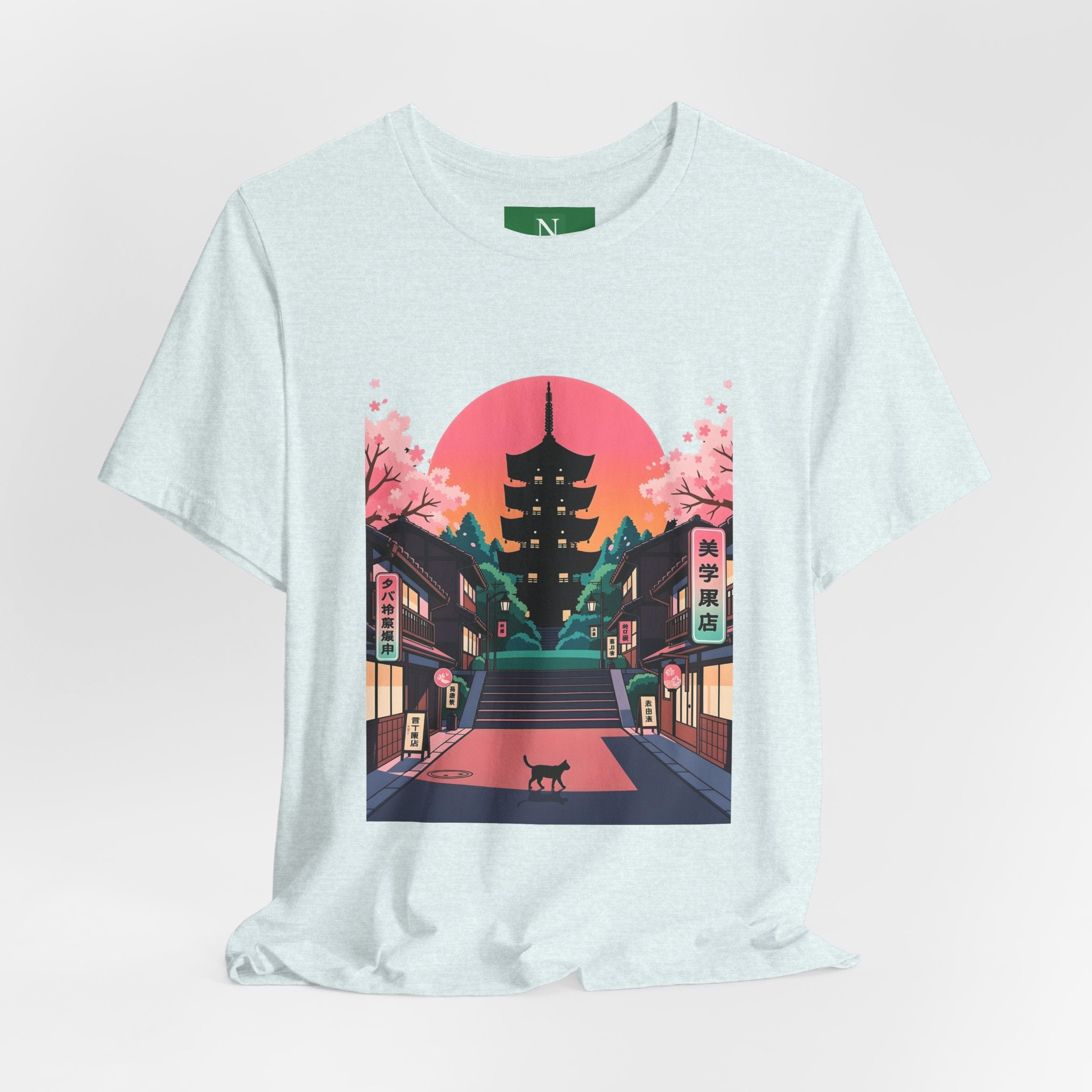 Japanese Pagoda Sunset Tee — Sakura Street Cat Graphic T-Shirt
