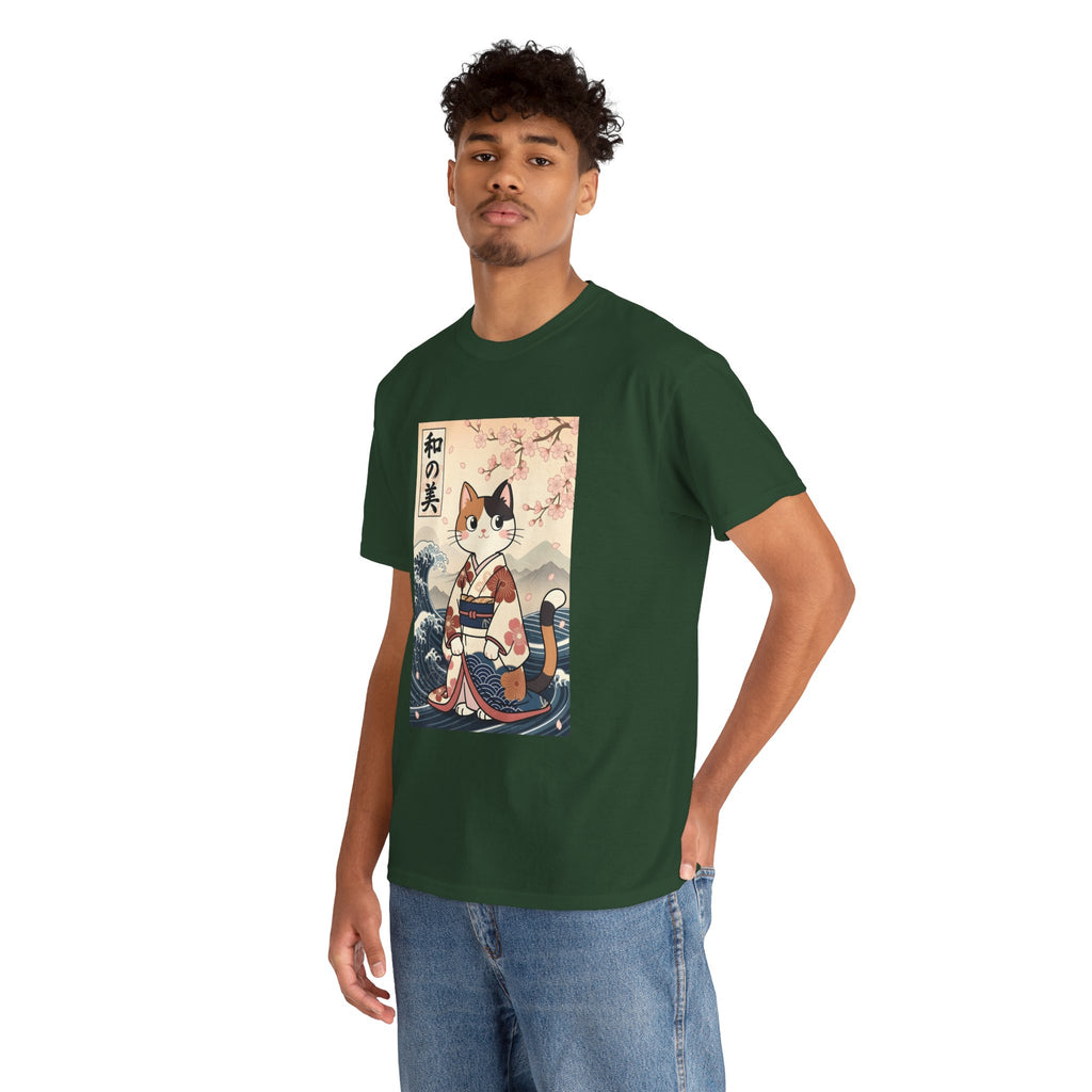 Cat Ukiyo-e T-Shirt — Vintage Japanese Kimono Cat with Cherry Blossoms