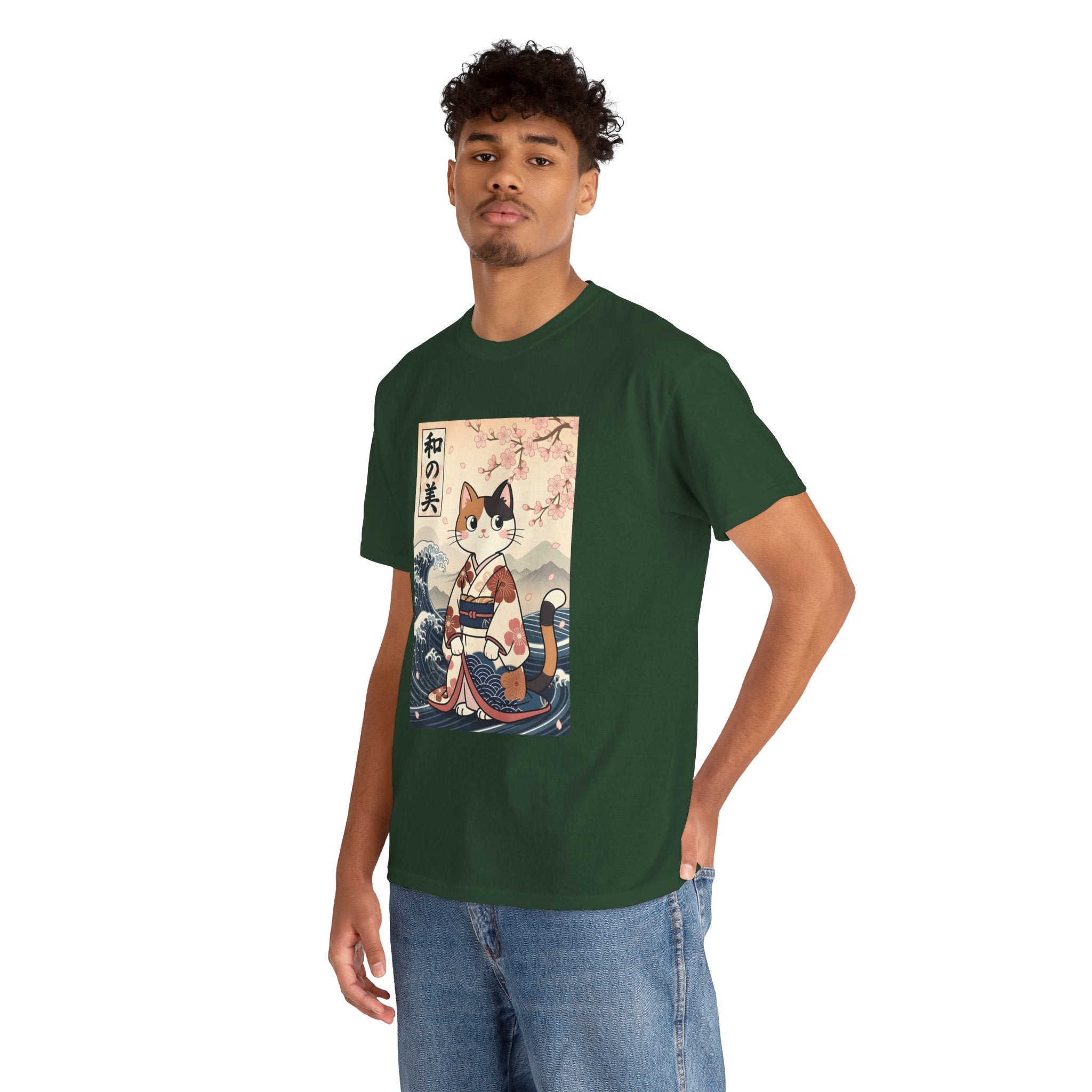Cat Ukiyo-e T-Shirt — Vintage Japanese Kimono Cat with Cherry Blossoms