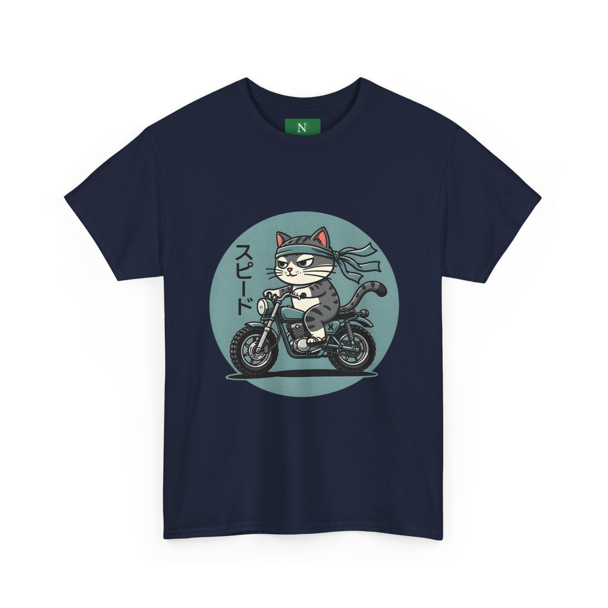 Cat Biker T‑Shirt — Retro Motorcycle Cat with Japanese “Speed” Text