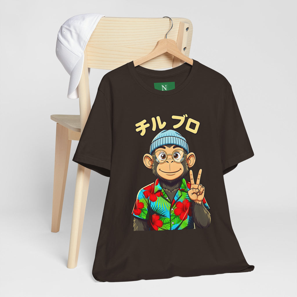 Monkey Peace Sign Tee — Hawaiian Shirt Chimp Graphic with Japanese Text