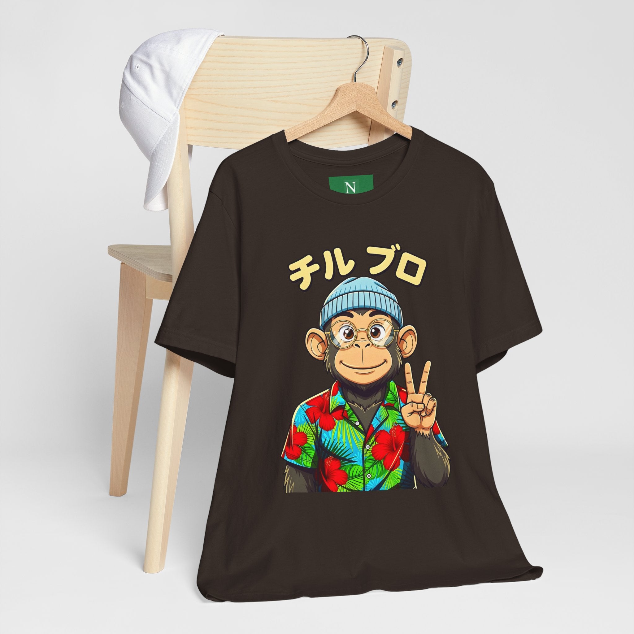 Monkey Peace Sign Tee — Hawaiian Shirt Chimp Graphic with Japanese Text