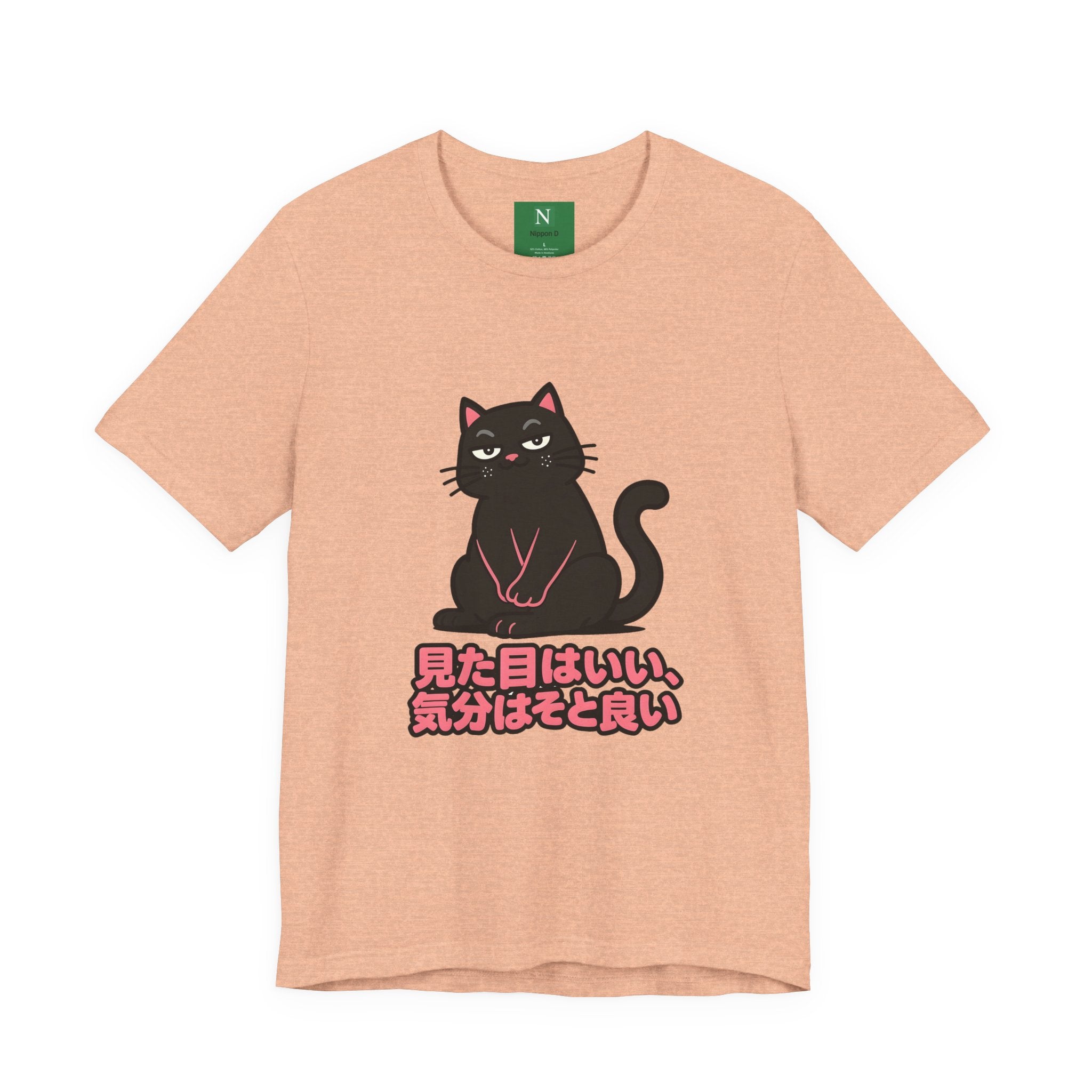 Black Cat Tee with Japanese Text — 'Mita Me wa Ii, Kimochi wa Sore Ijo' Cute Kawaii Graphic T-Shirt