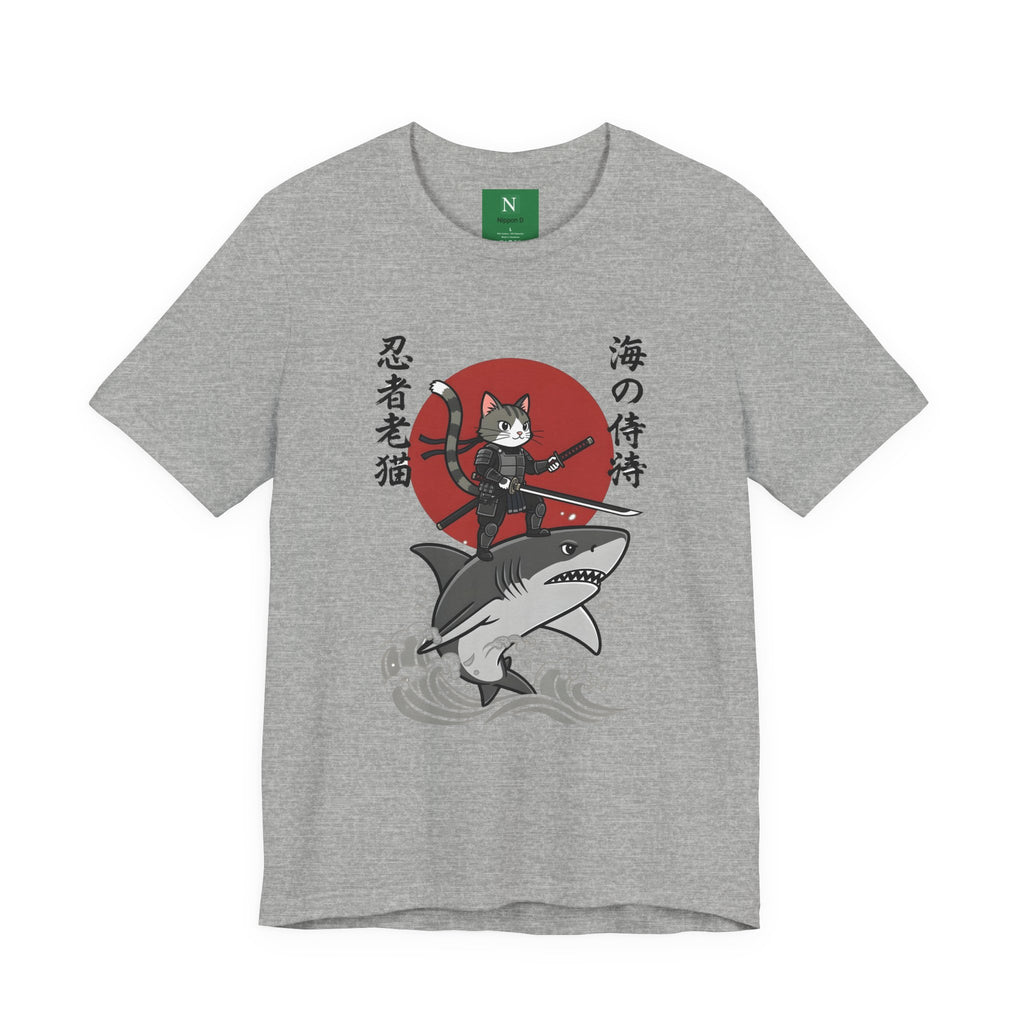 Ninja Cat Riding Shark T‑Shirt — Japanese Samurai Style Graphic Tee
