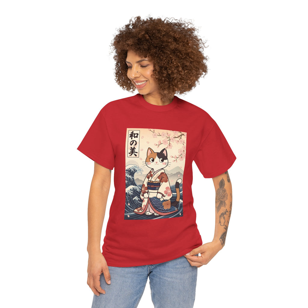 Cat Ukiyo-e T-Shirt — Vintage Japanese Kimono Cat with Cherry Blossoms