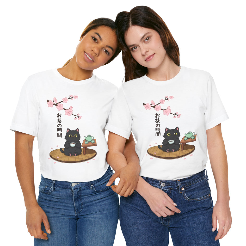 Cat Tea Time T-Shirt — Kawaii Black Cat with Sakura and Teapot