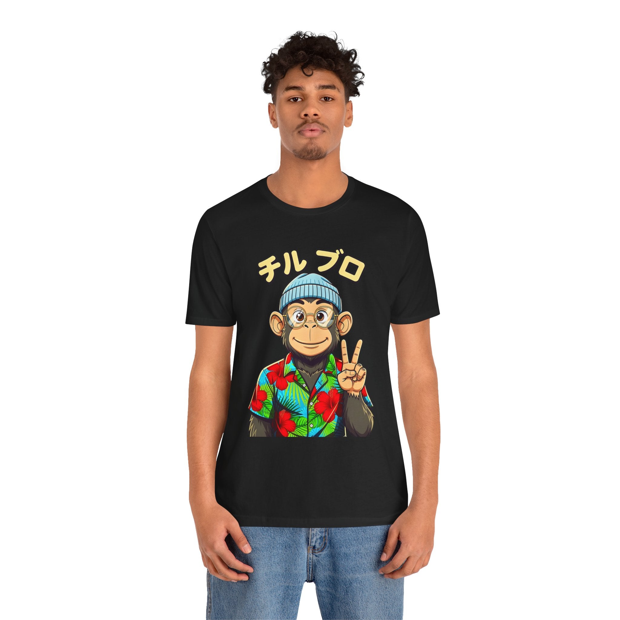 Monkey Peace Sign Tee — Hawaiian Shirt Chimp Graphic with Japanese Text