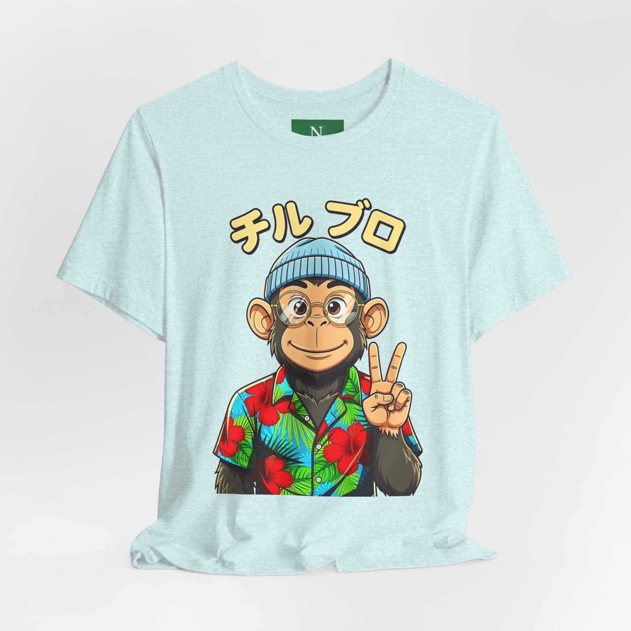 Monkey Peace Sign Tee — Hawaiian Shirt Chimp Graphic with Japanese Text