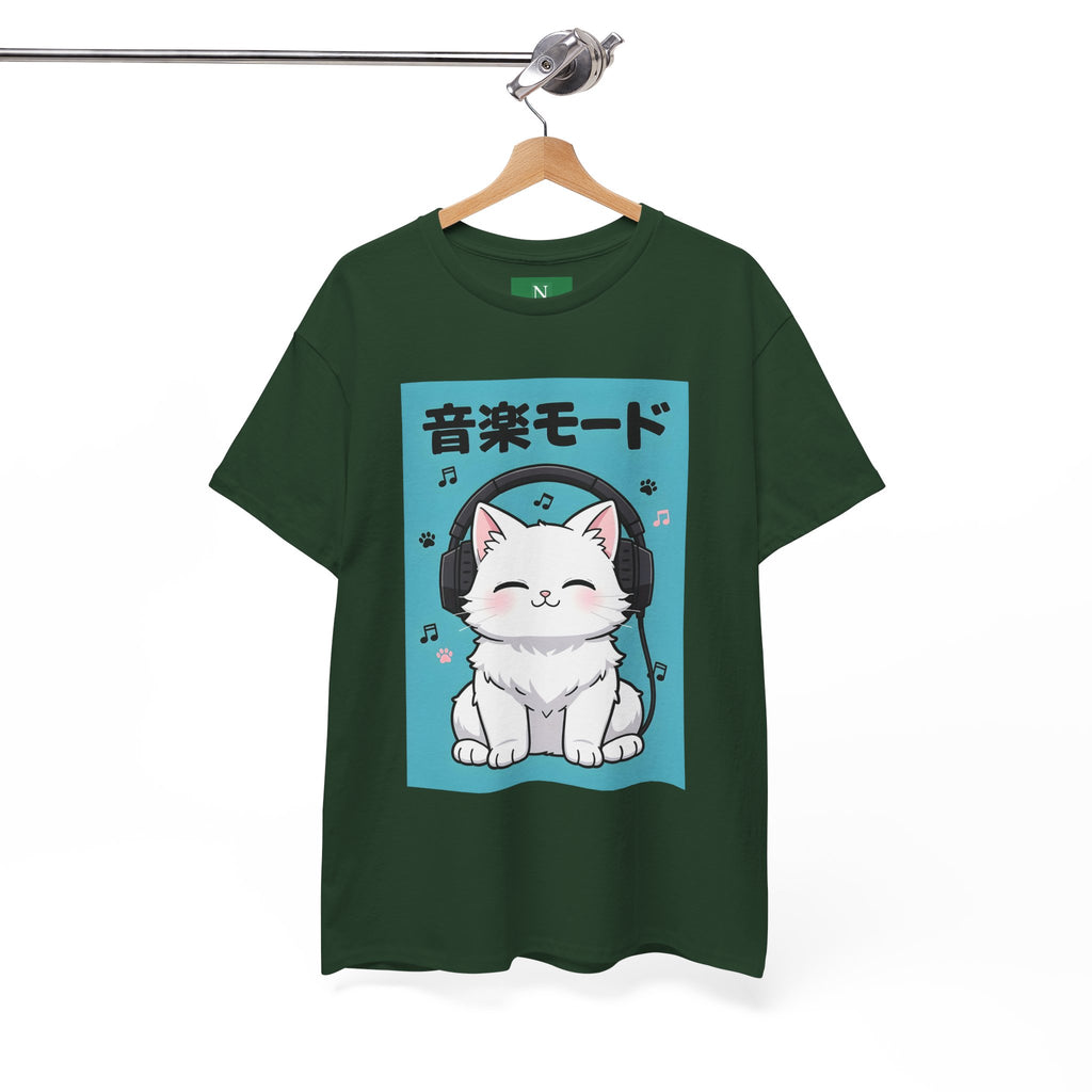 Music Mode Cat T-Shirt — Cute Headphone Kitten Tee (Japanese Text)