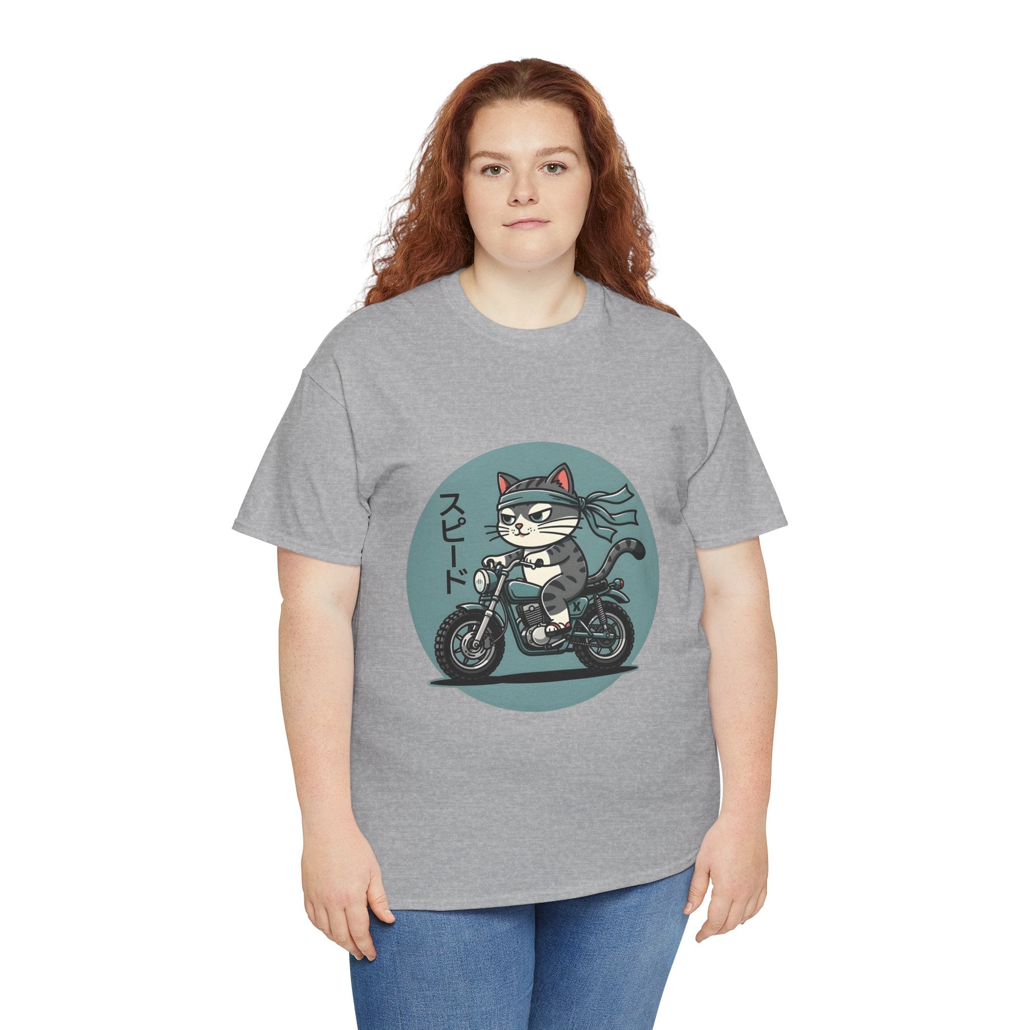 Cat Biker T‑Shirt — Retro Motorcycle Cat with Japanese “Speed” Text