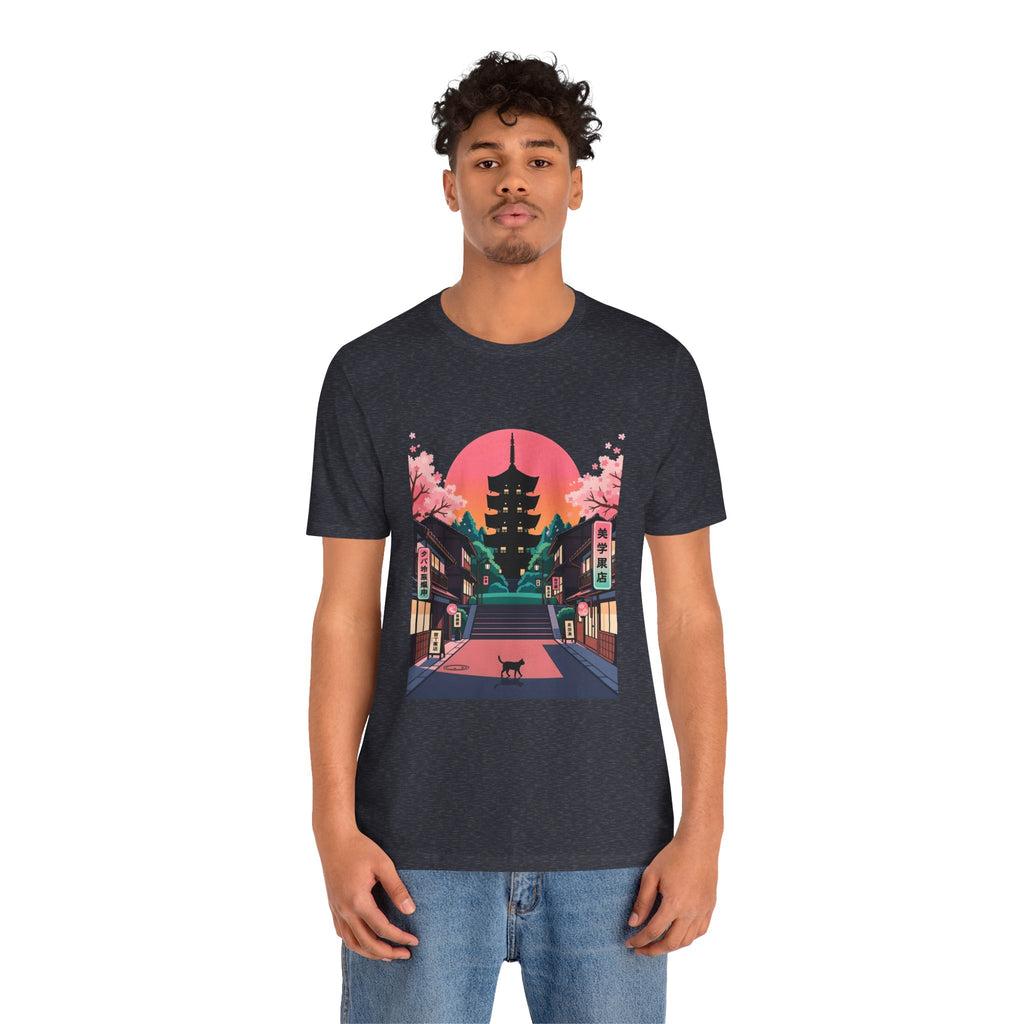 Japanese Pagoda Sunset Tee — Sakura Street Cat Graphic T-Shirt