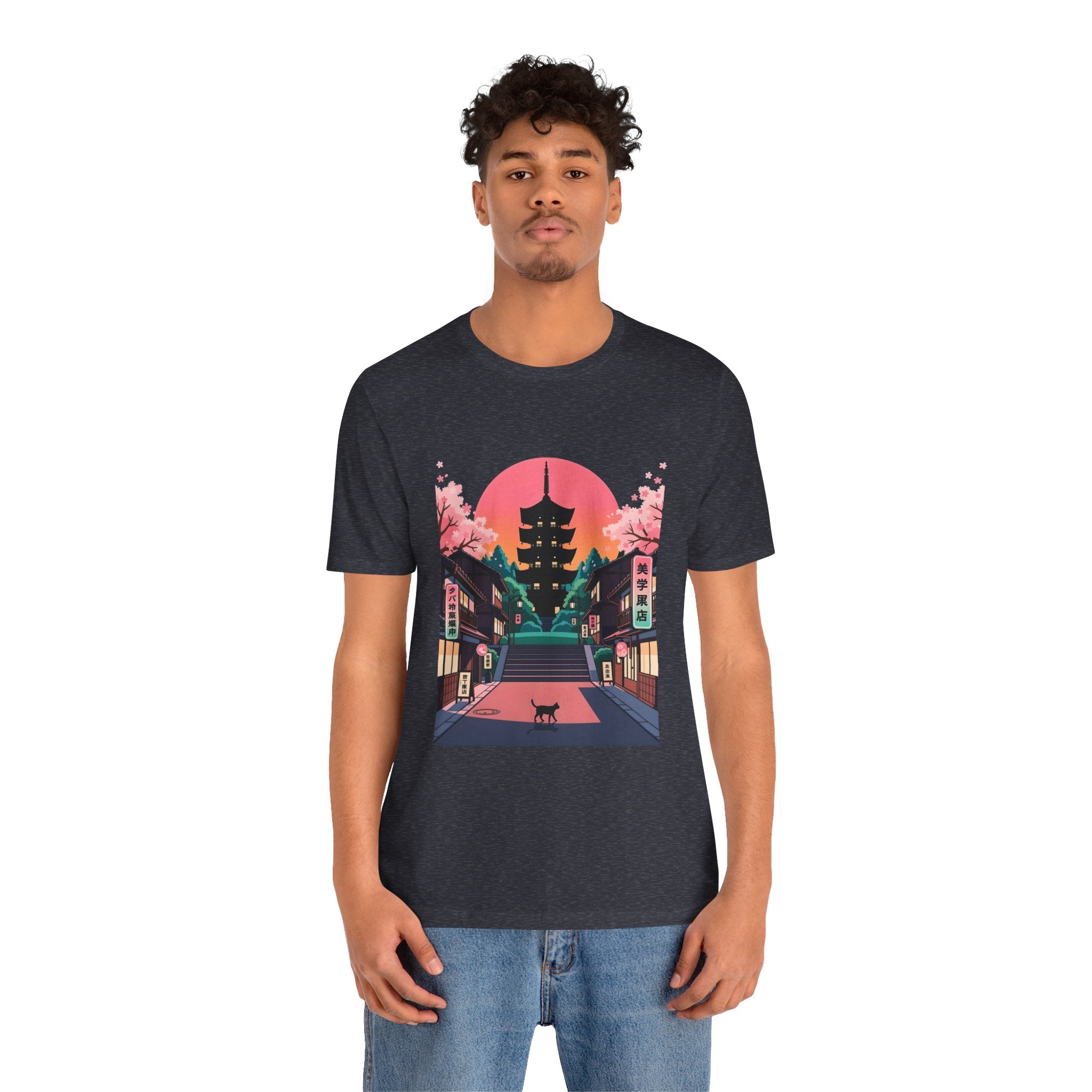 Japanese Pagoda Sunset Tee — Sakura Street Cat Graphic T-Shirt