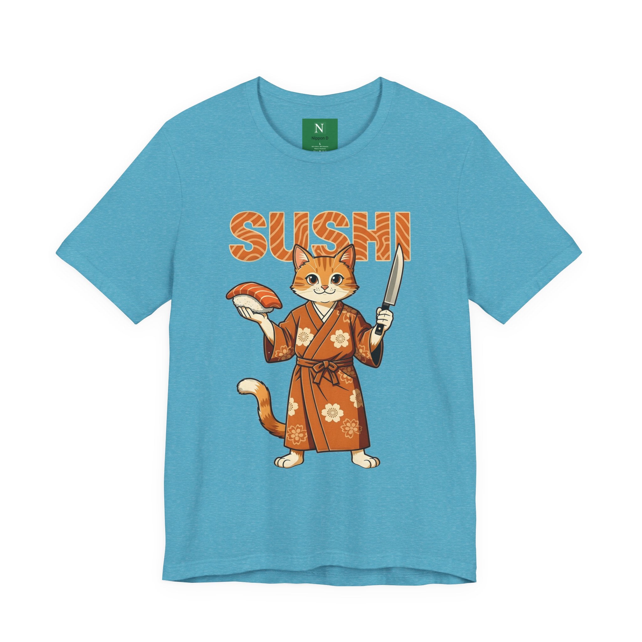 Sushi Cat Graphic Tee — Cute Samurai Cat Holding Sushi & Knife