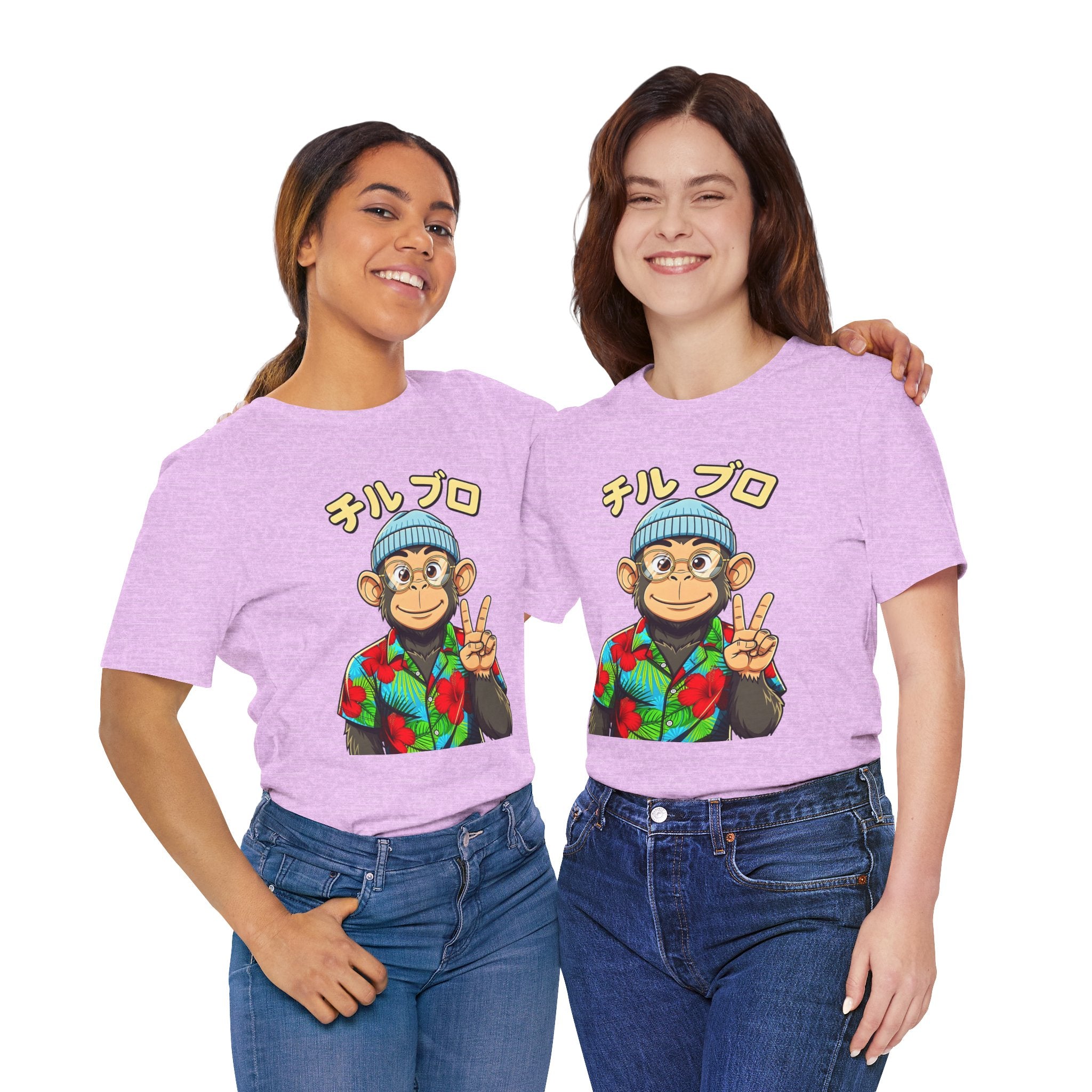 Monkey Peace Sign Tee — Hawaiian Shirt Chimp Graphic with Japanese Text