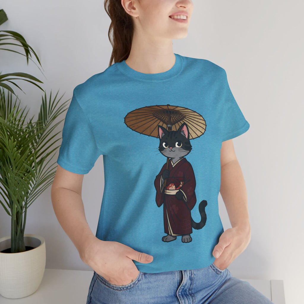 Geisha Cat Tee — Japanese Umbrella Cat Graphic T-Shirt
