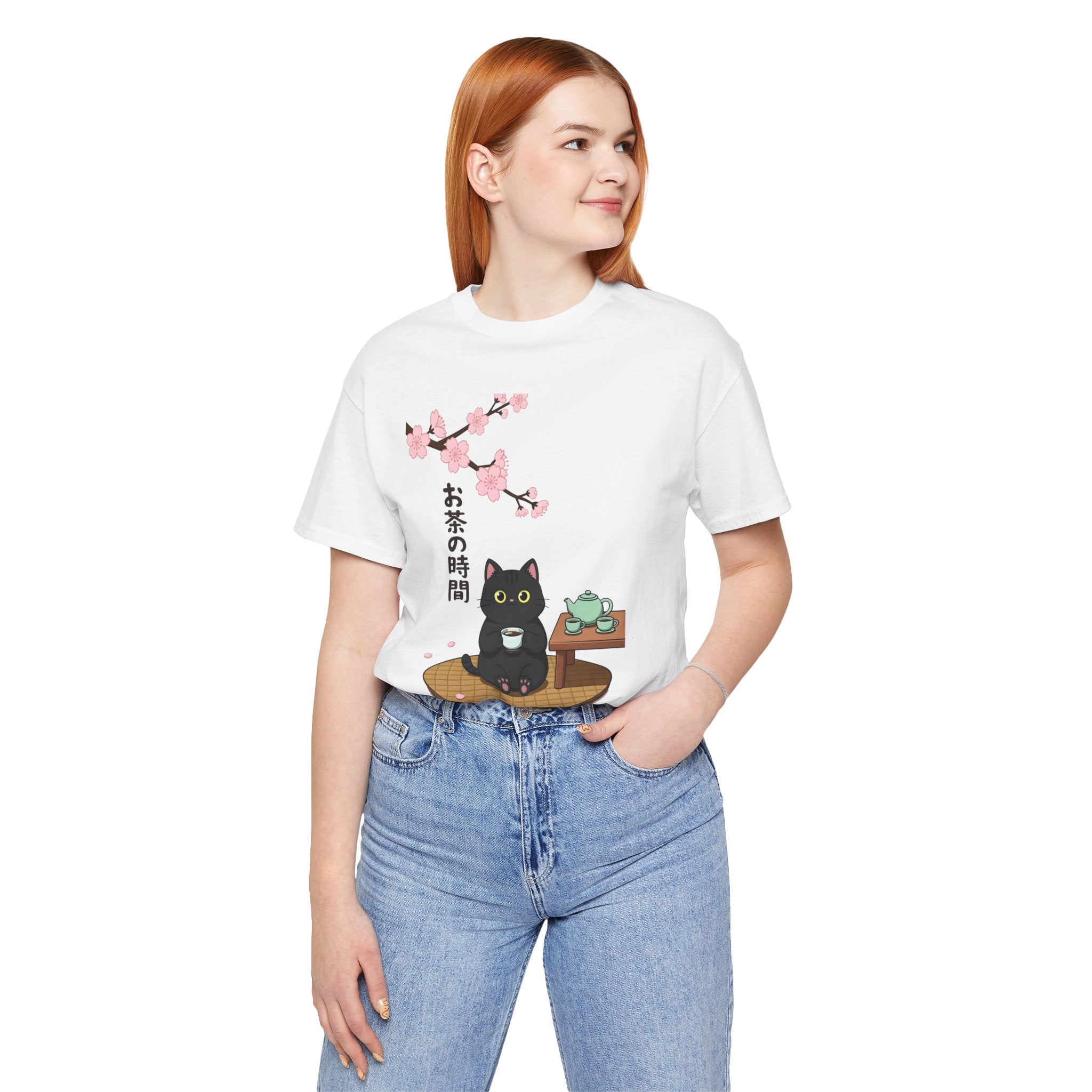 Cat Tea Time T-Shirt — Kawaii Black Cat with Sakura and Teapot
