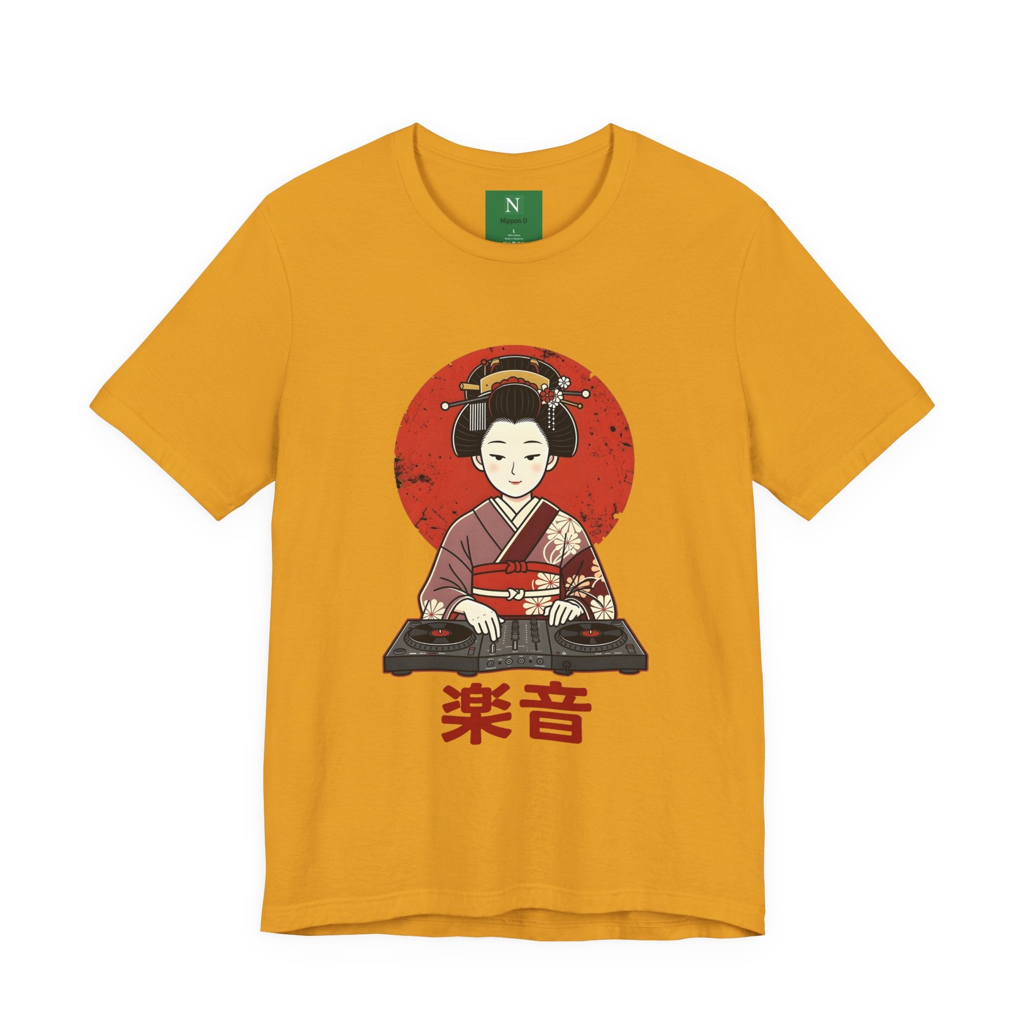 Geisha DJ T-Shirt — Japanese Vinyl Turntable Tee with '楽音' (Music) Design