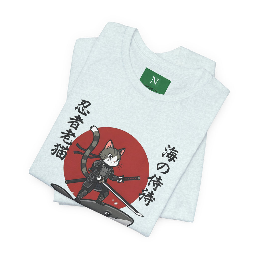 Ninja Cat Riding Shark T‑Shirt — Japanese Samurai Style Graphic Tee