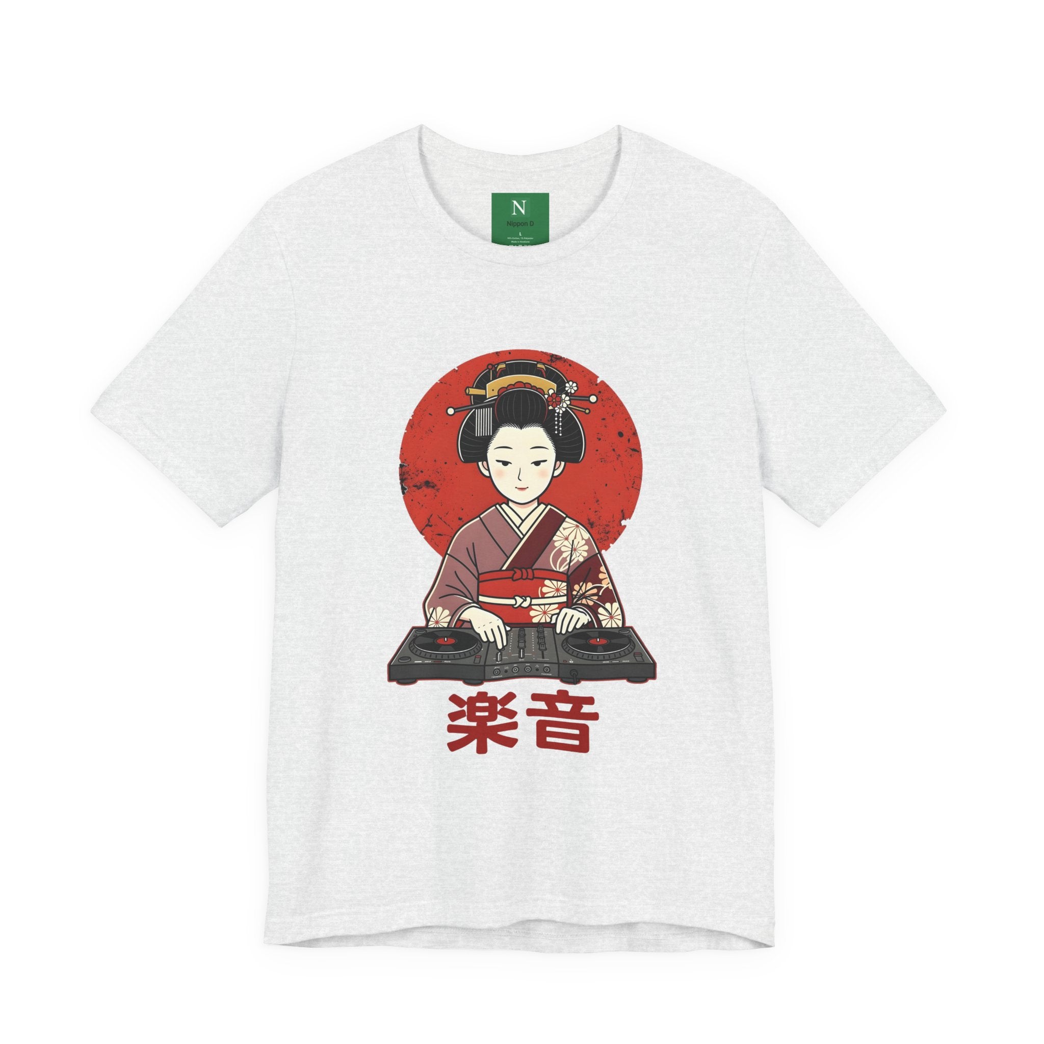 Geisha DJ T-Shirt — Japanese Vinyl Turntable Tee with '楽音' (Music) Design