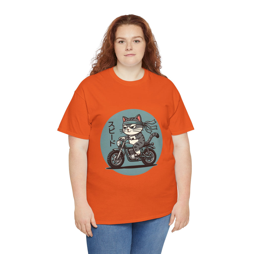 Cat Biker T‑Shirt — Retro Motorcycle Cat with Japanese “Speed” Text