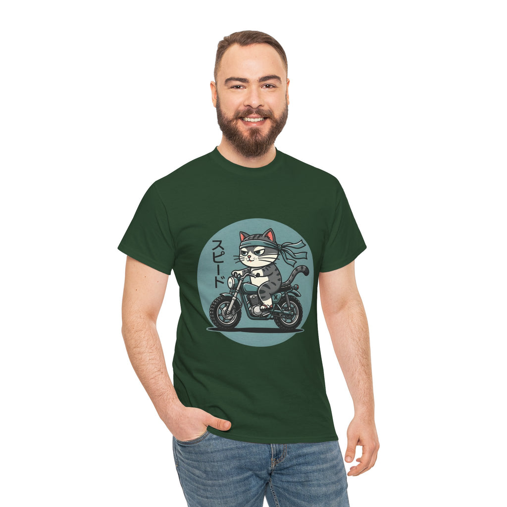 Cat Biker T‑Shirt — Retro Motorcycle Cat with Japanese “Speed” Text