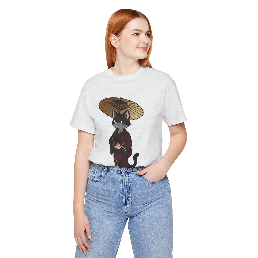 Geisha Cat Tee — Japanese Umbrella Cat Graphic T-Shirt