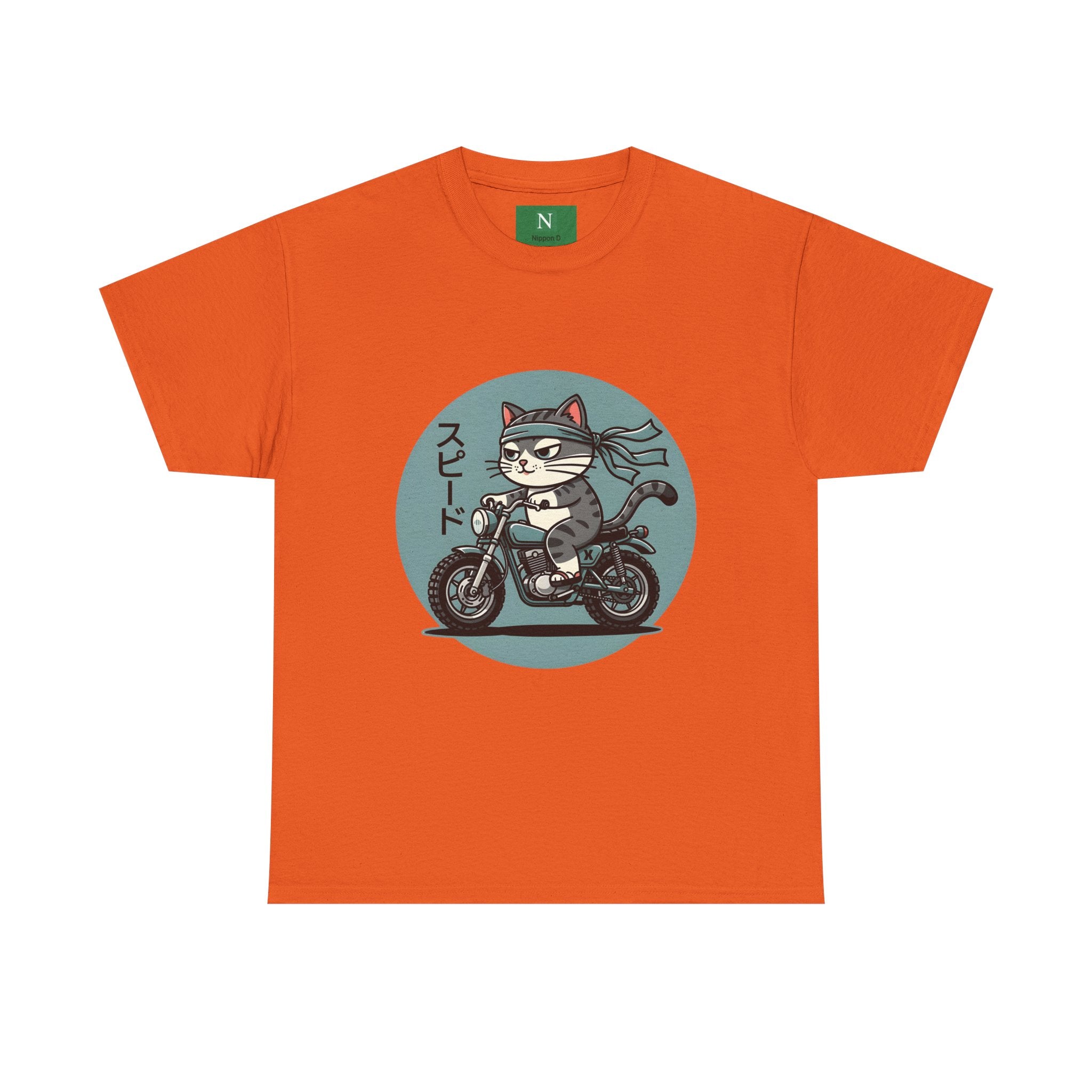 Cat Biker T‑Shirt — Retro Motorcycle Cat with Japanese “Speed” Text