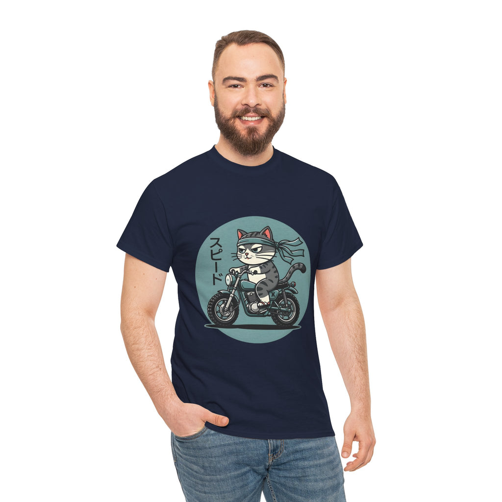 Cat Biker T‑Shirt — Retro Motorcycle Cat with Japanese “Speed” Text