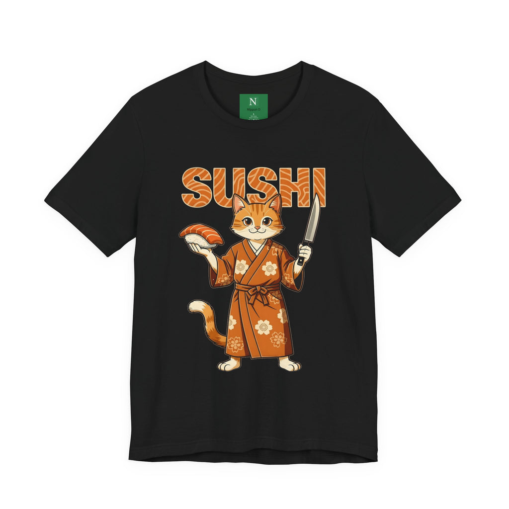 Sushi Cat Graphic Tee — Cute Samurai Cat Holding Sushi & Knife