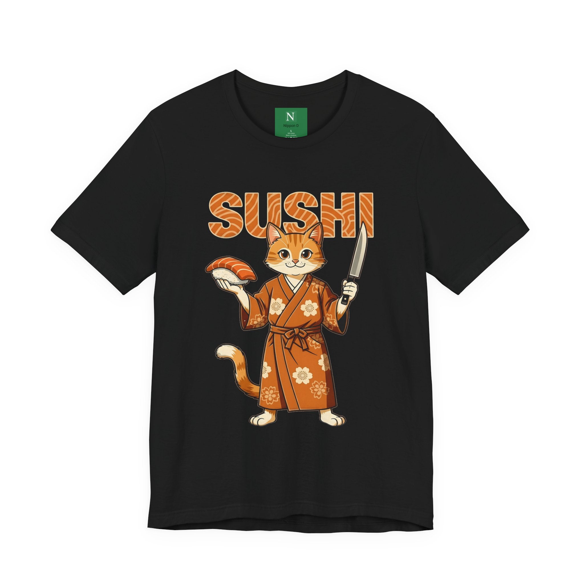 Sushi Cat Graphic Tee — Cute Samurai Cat Holding Sushi & Knife