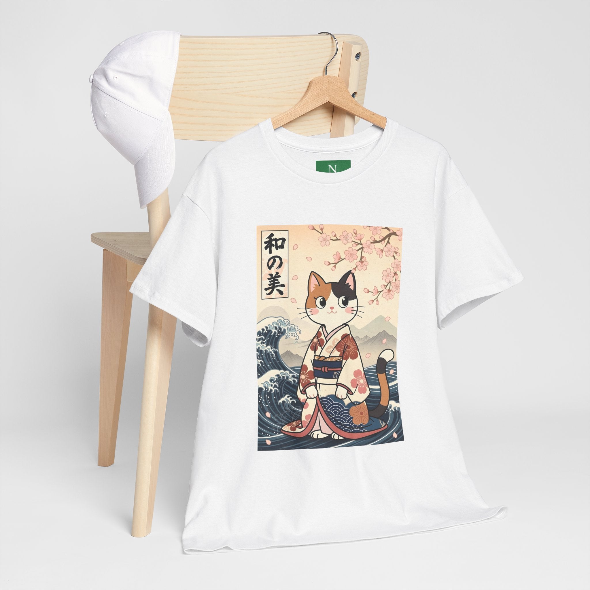 Cat Ukiyo-e T-Shirt — Vintage Japanese Kimono Cat with Cherry Blossoms