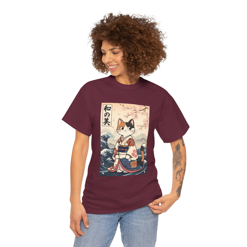 Cat Ukiyo-e T-Shirt — Vintage Japanese Kimono Cat with Cherry Blossoms