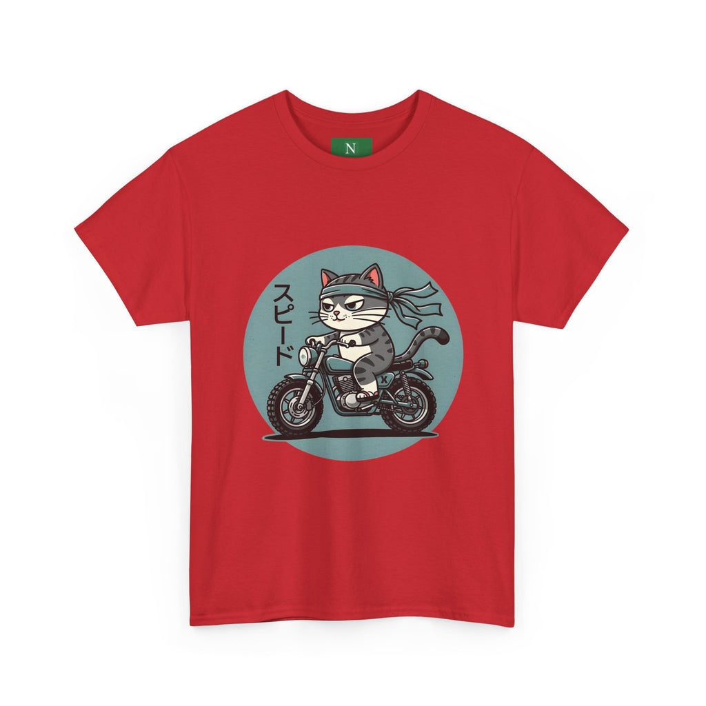 Cat Biker T‑Shirt — Retro Motorcycle Cat with Japanese “Speed” Text