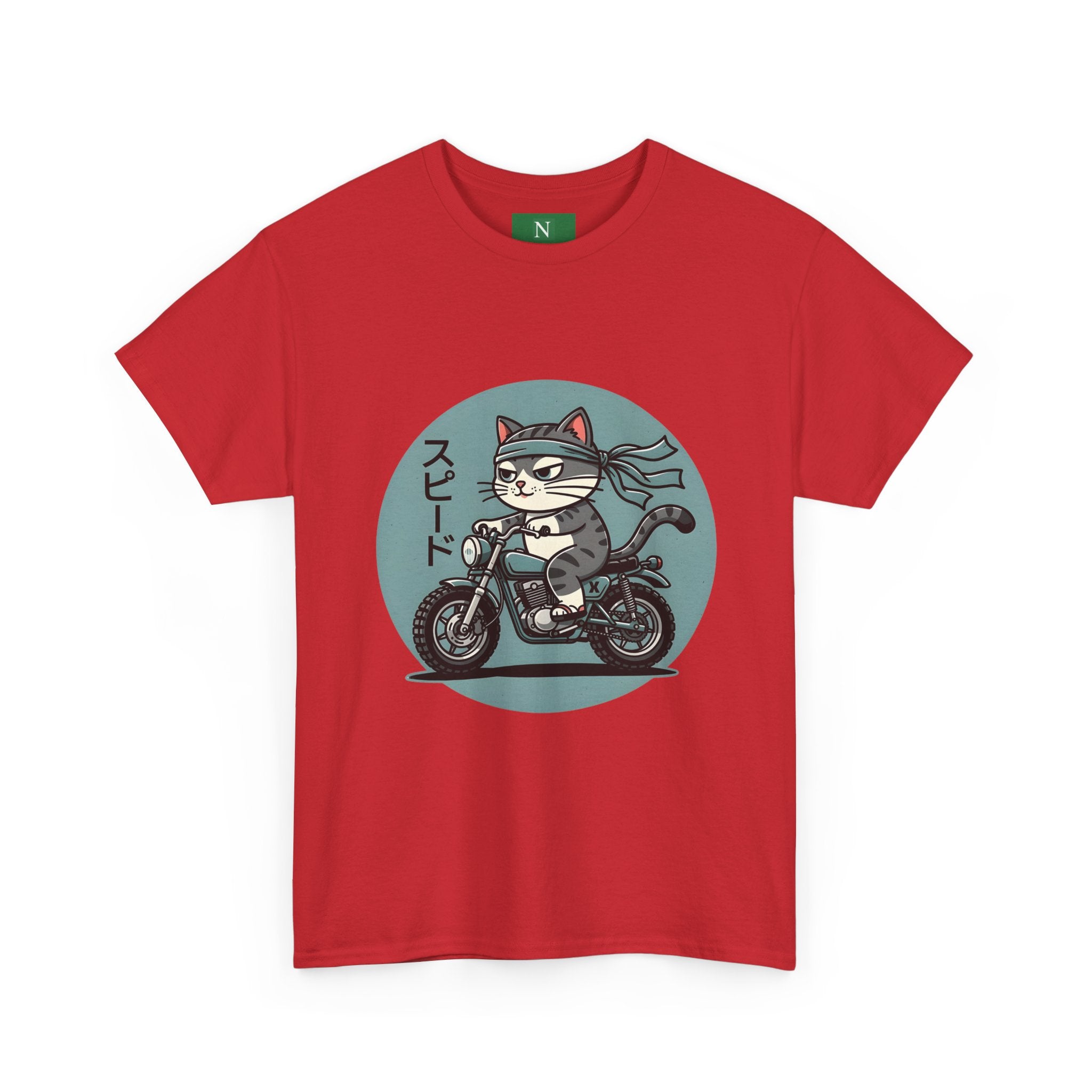Cat Biker T‑Shirt — Retro Motorcycle Cat with Japanese “Speed” Text