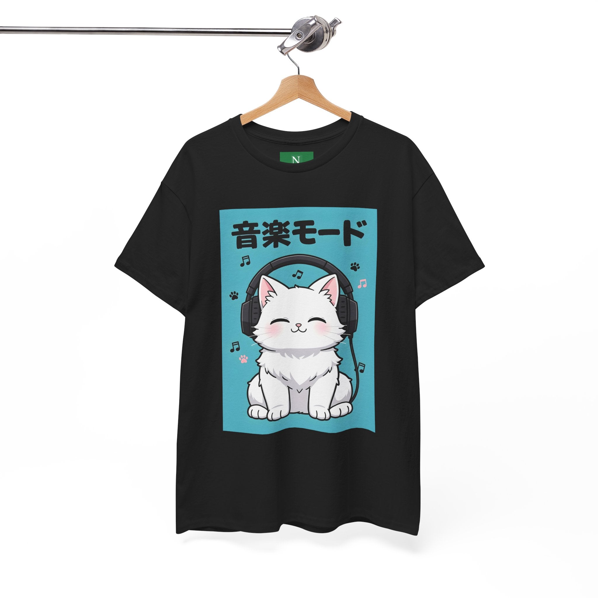 Music Mode Cat T-Shirt — Cute Headphone Kitten Tee (Japanese Text)