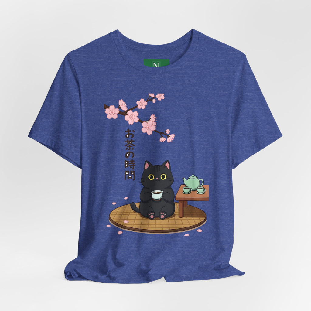 Cat Tea Time T-Shirt — Kawaii Black Cat with Sakura and Teapot