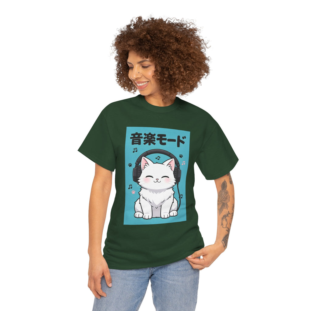 Music Mode Cat T-Shirt — Cute Headphone Kitten Tee (Japanese Text)